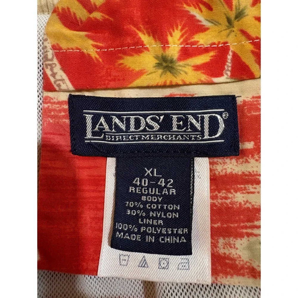 Lands' End Swim Trunks Mens XL Red Tropical Palm Tree Floral Hawaiian Print